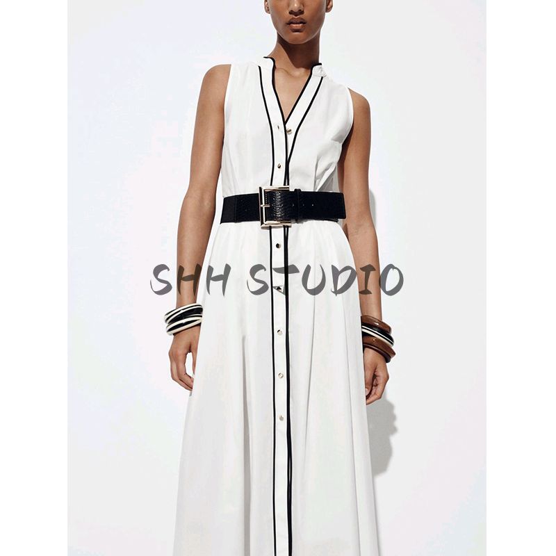 Summer Women's Clothing Loose with Belt Round Neck Contrast Color Trim Poplin Sleeveless Midi Skirt Dress 0387081