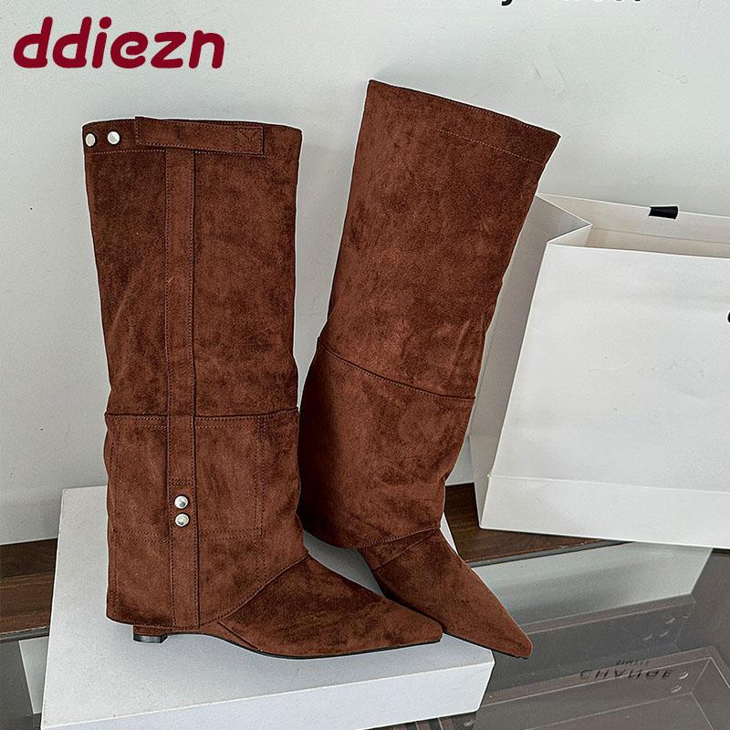Fashion Pointed Toe Ladies Knee High Modern Boots With Wedges Shoes Fashion Flock Women Long Boots Female Low Heel Shoes Pumps lady