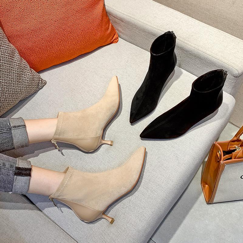 Fu Number, Suede Pointed Women's, Autumn New Stiletto Short, Fashion, Rear Zipper Color Matching Viscose Shoes