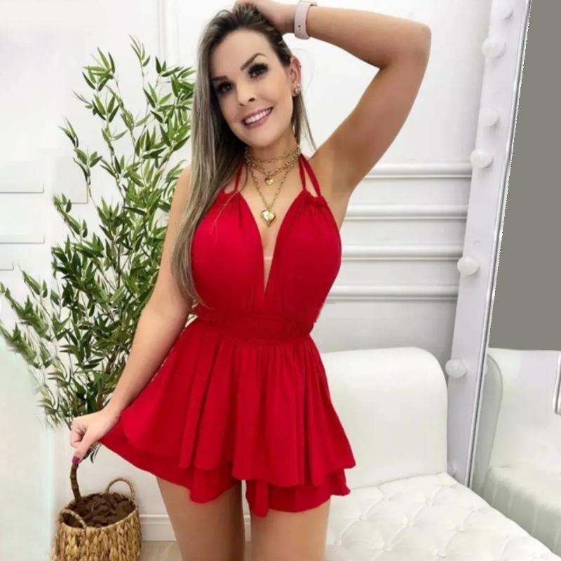 

Европейское и американское летнее женское однотонное шифоновое платье с халтером и оборками - Сексуальный облегающий дизайн без спинки Extra Large красный