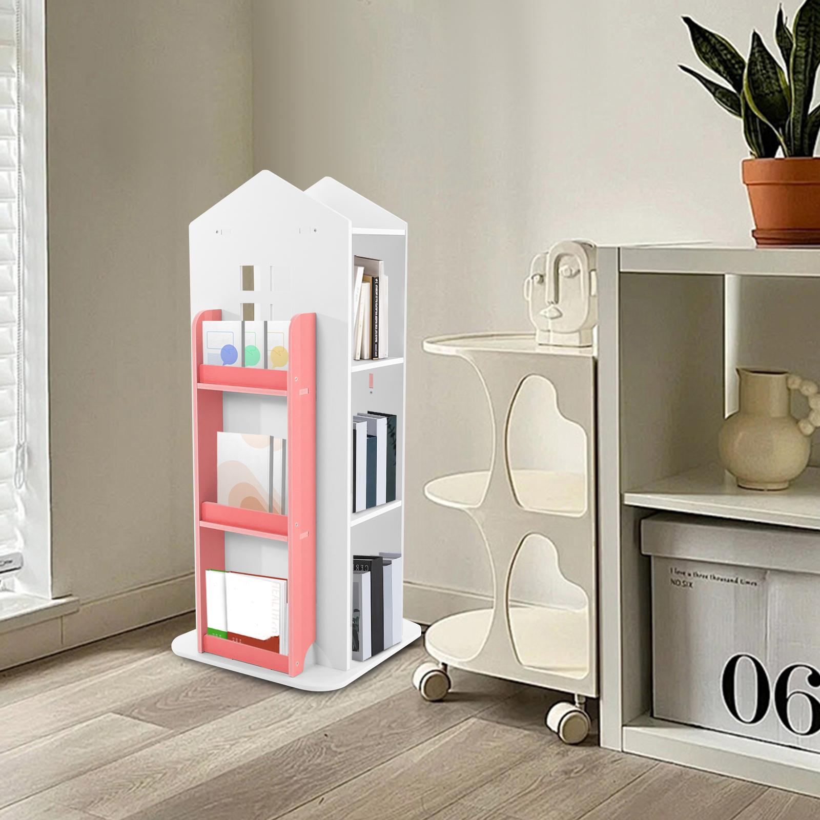 

360° Rotating Bookshelf, 4-Tier Pink Revolving Book Display, Modern Corner Shelf for Home Office, Space-Saving Storage Organizer