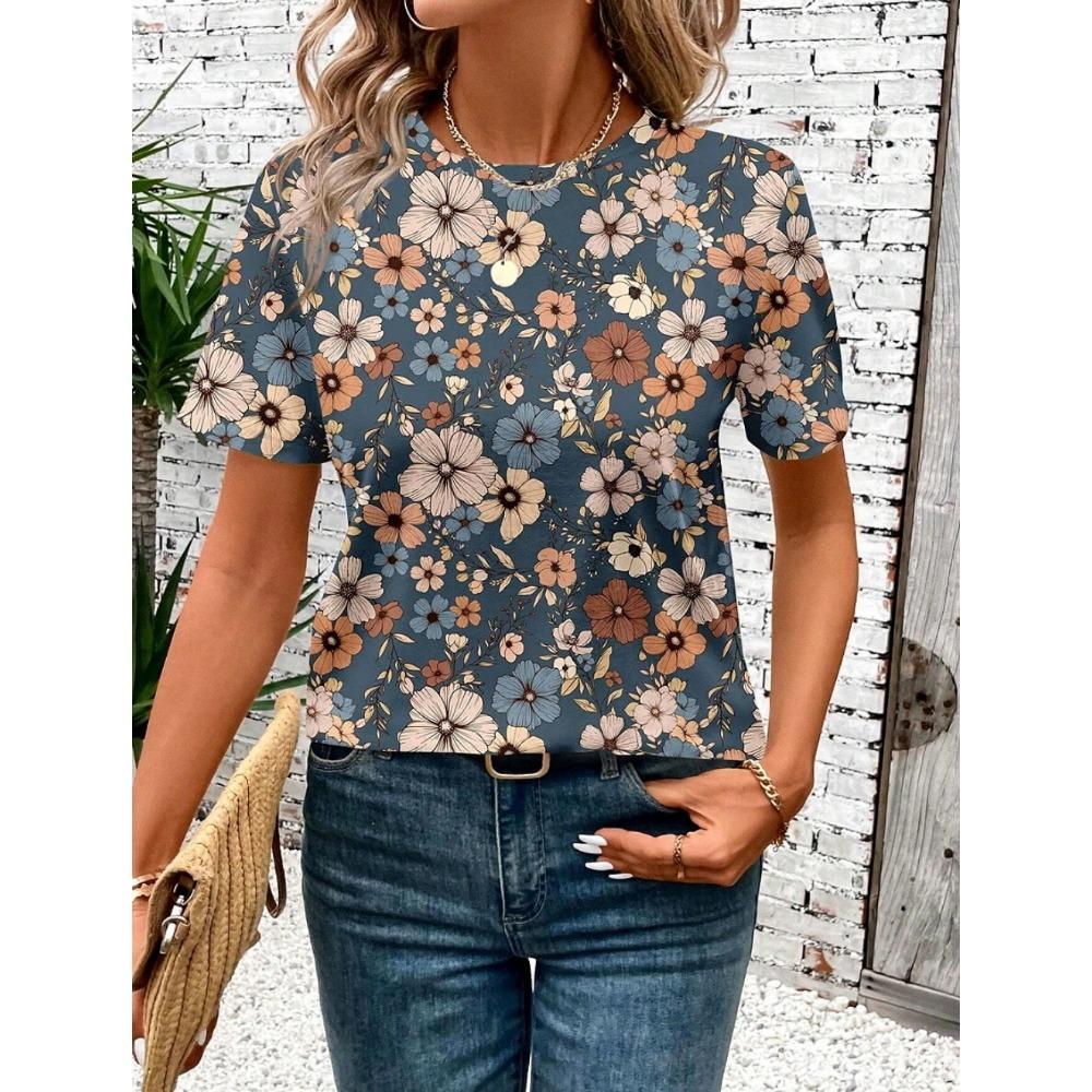 Women's T-shirt Fashion Printed Top Summer Outdoor Round Neck Short Sleeve T-shirt