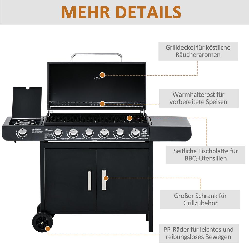 Gas Grill with 7 Burners, Incl. Thermometer, BBQ Grill, Mobile Grill, Black