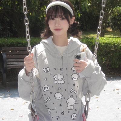 Japanese Kawaii Graphic Hoodies Women Harajuku Cute Zip Up Cartoon Dog Print Hooded Sweatshirts Grey Casual Sweet Tops