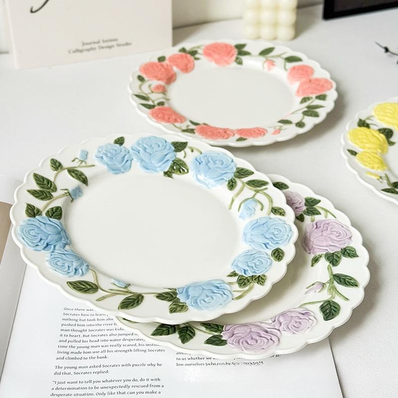 BRRose Flower Relief Dinner Plate Porcelain Dish 8 Inches Dessert Plate Restaurant Specialty Tableware Ceramic Disc Dinner PlatesEY
