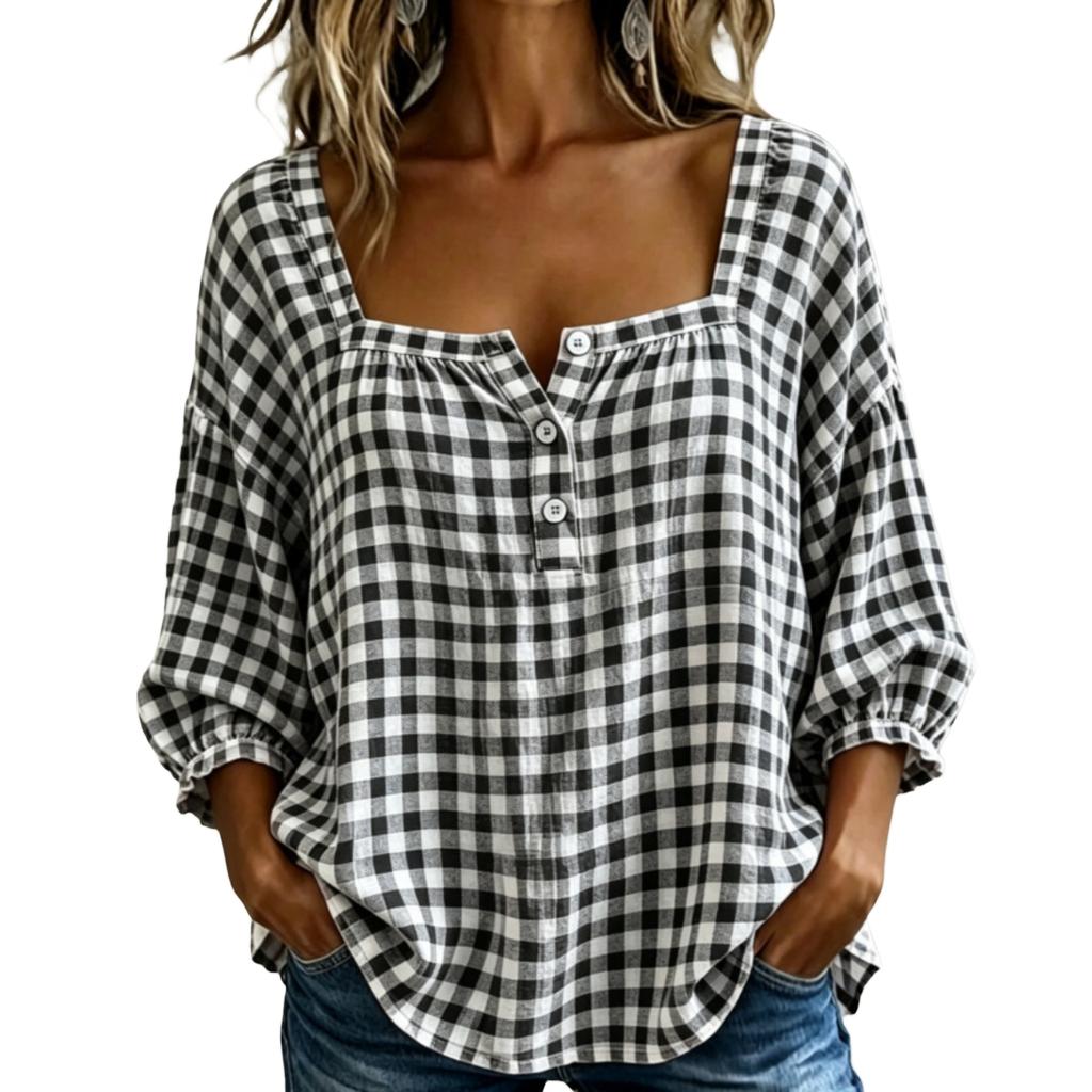Women's Casual Plaid Three-Quarter Sleeve Loose Fit Top