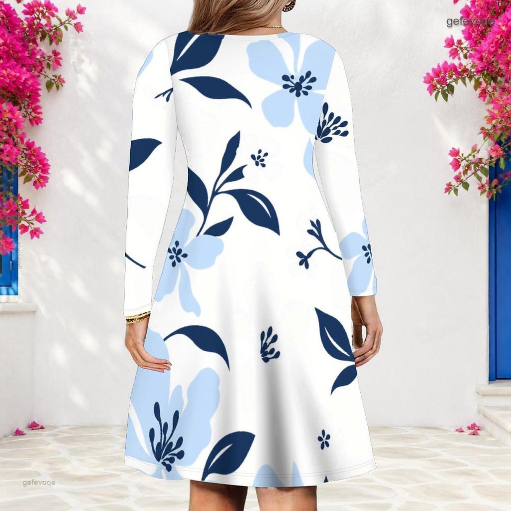 Women Plus Size V Neck Long Sleeve Floral Printed White A Line Dress