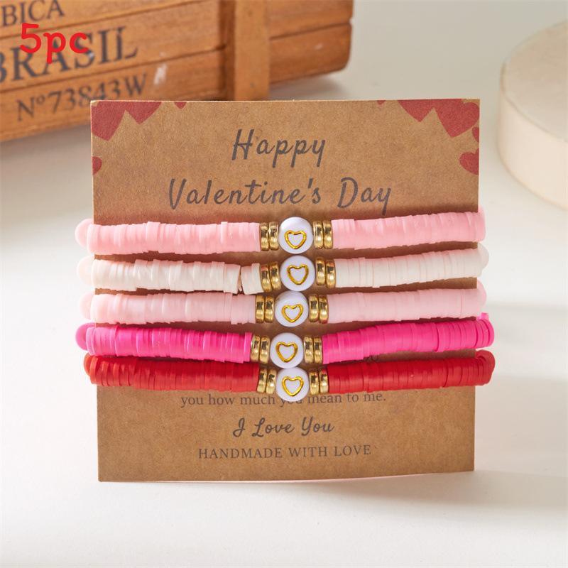 Love Heart Soft Clay Bracelets Set For Women With Pink Acrylic Letter Beads Hand Jewelry Gift