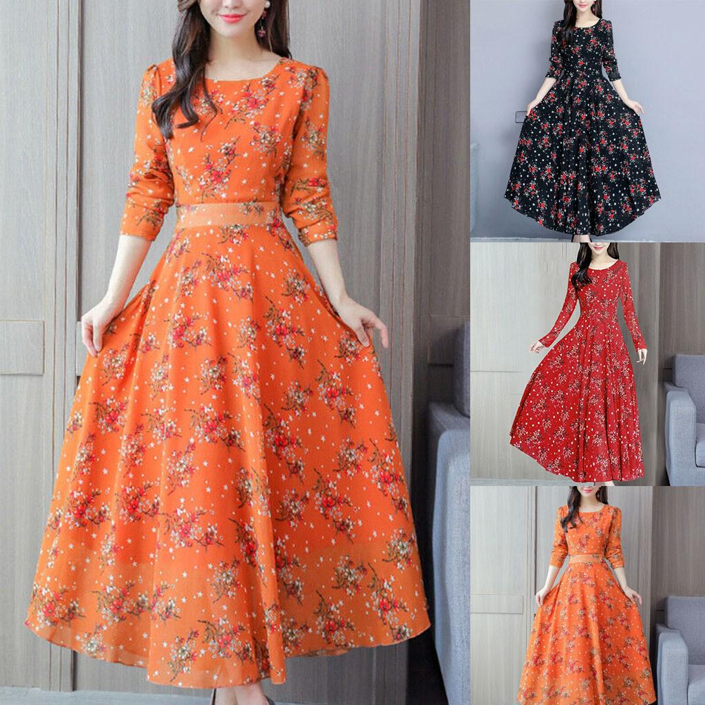 

Женское пляжное платье с цветочным принтом и длинным рукавом, повседневное вечернее винтажное платье в стиле бохо