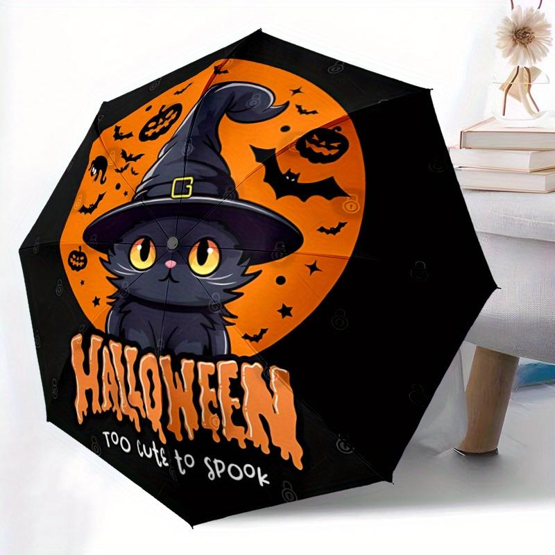 1pc Cute Happy Halloween Cat Witch Hat Automatic 3-Fold Umbrella Design, Cute Cartoon Pattern, Portable Outdoor Umbrella, Perfect, Holiday G