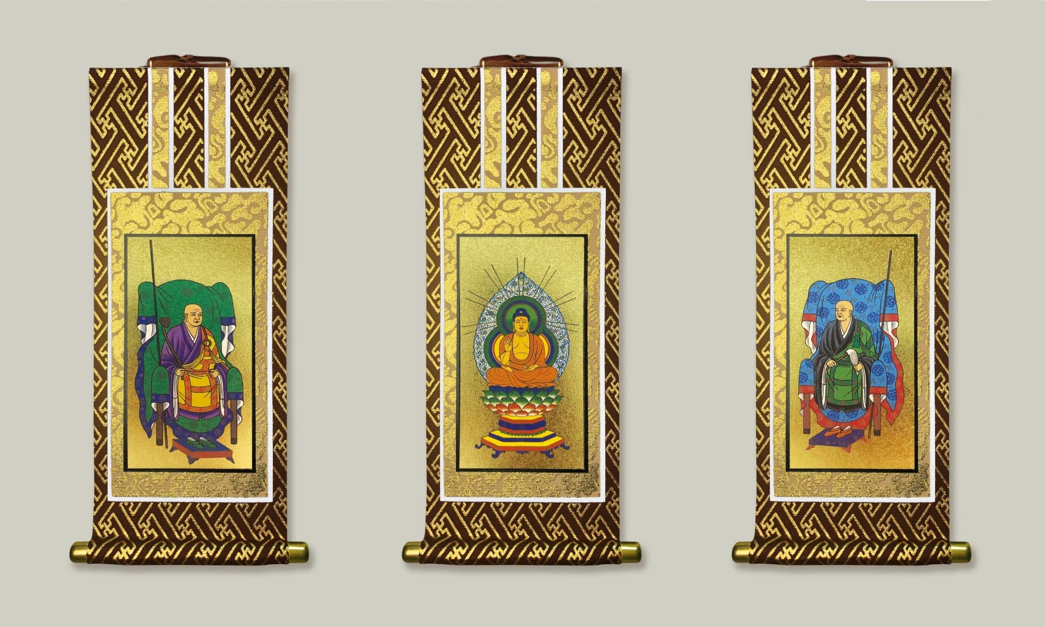 Isemura Kyoto Buddhist Altar Hanging Scroll Set of 3, Brown Mounting, Various Sects and Sizes Available, Buddhist Altar Hanging Scroll, Soto Zen (30s,