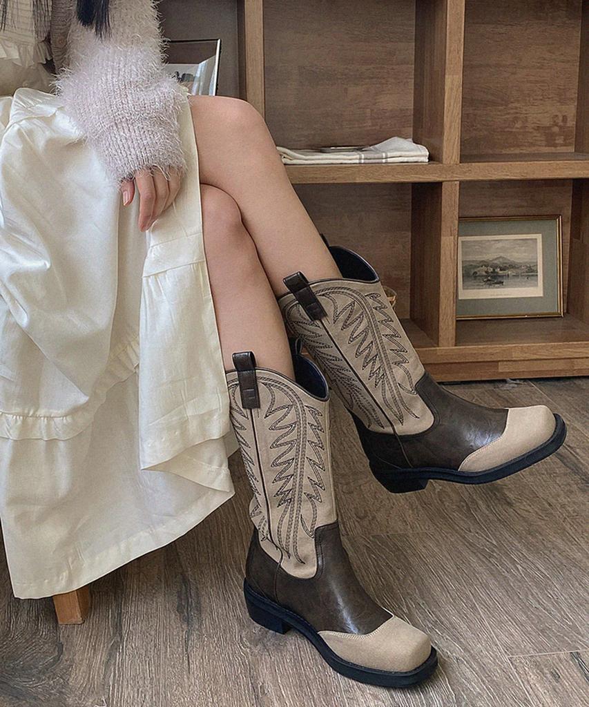 Moodnple Calla Two-Tone Color Block Detail Embroidered Square Boots 4Cm