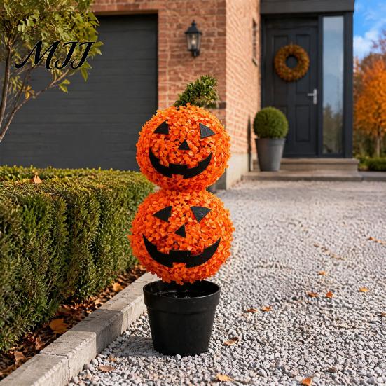 Outdoor Fall Yard Decorations Artificial Pumpkin Topiary Tree, Halloween Face Faux Boxwood Plants with Stake, Decorative Orange Autumn