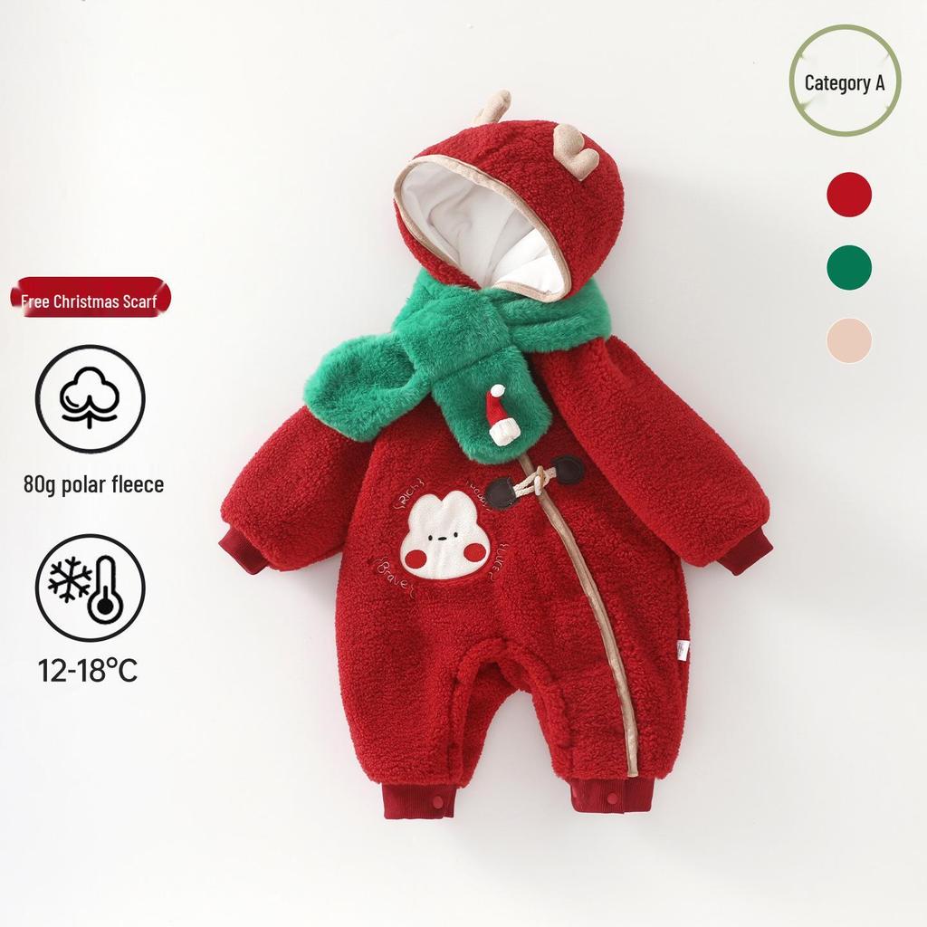 Fleece-Lined Quilted Red Baby Romper - Winter Outerwear for New Year Greetings