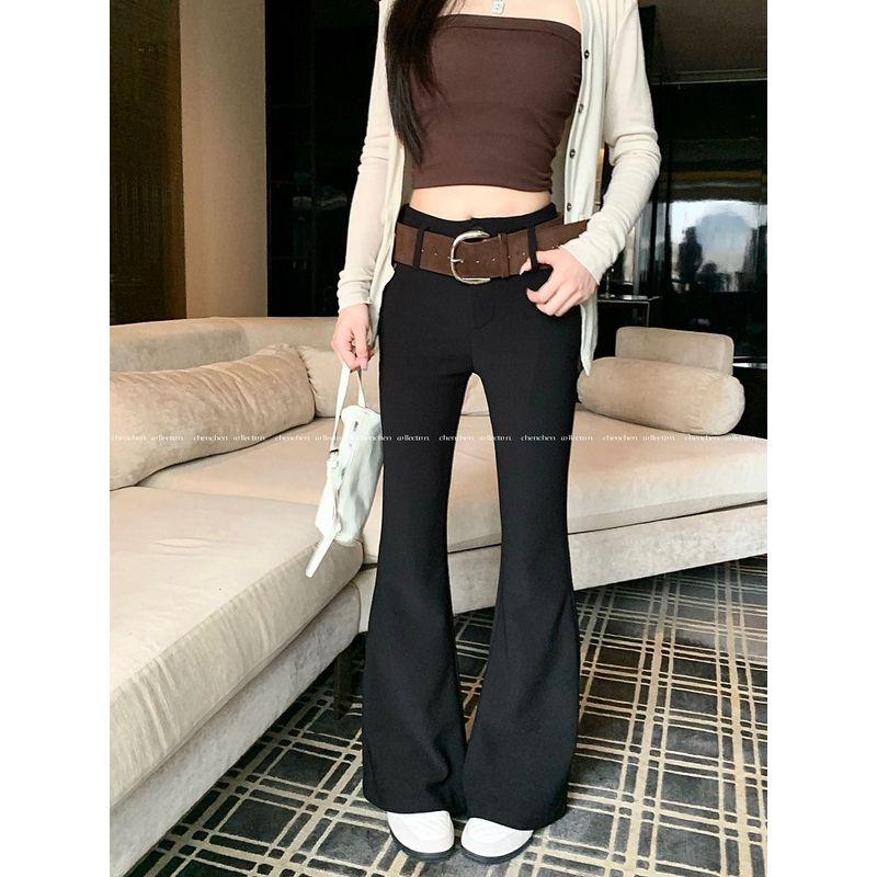 

Kumikumi Stylish High Waist Drooping Black Casual Pants Women Autumn Slimming Easiest for Match Bootcut Trousers Black with wide belt S