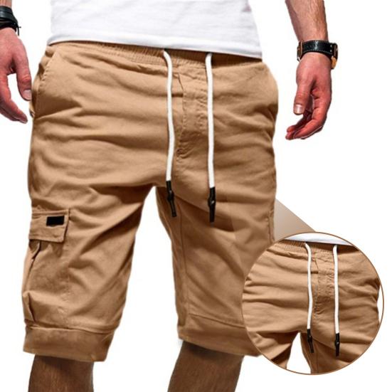 Mid-Rise Elastic Waistband Drawstring Multi Pockets Men Shorts Solid Color Loose Fitness Cargo Shorts Streetwear