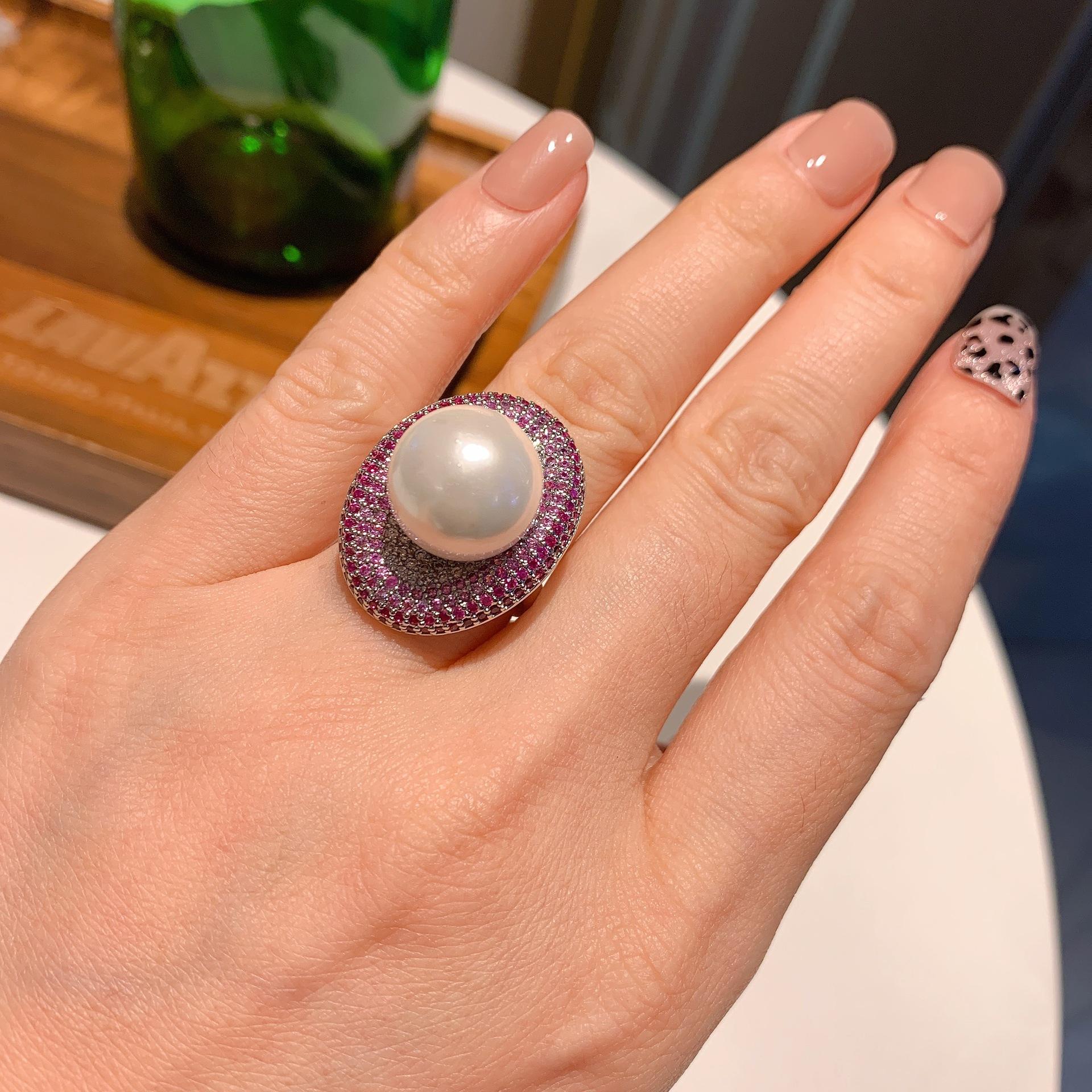 

Австралийский жемчуг Fritillary, слегка инкрустированный контрастными бриллиантами, модное кольцо, регулируемое кольцо