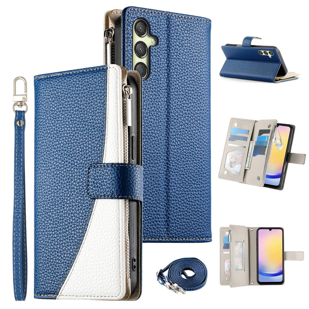 For Samsung Galaxy A25 5G (Global) (161.0mm) Etui Glidelås Lommebok Fargespleiset Lær Flip Telefondeksel med Stropper