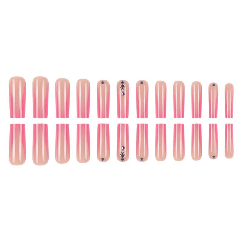 Pink French Style Press-On Nails With Rhinestones Simple Wearable Nail Tips Women Gel Adhesive Jelly Glue Options