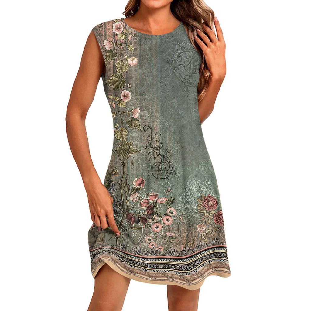 Women's Fashion Casual Print Round Neck Sleeveless Short Dress