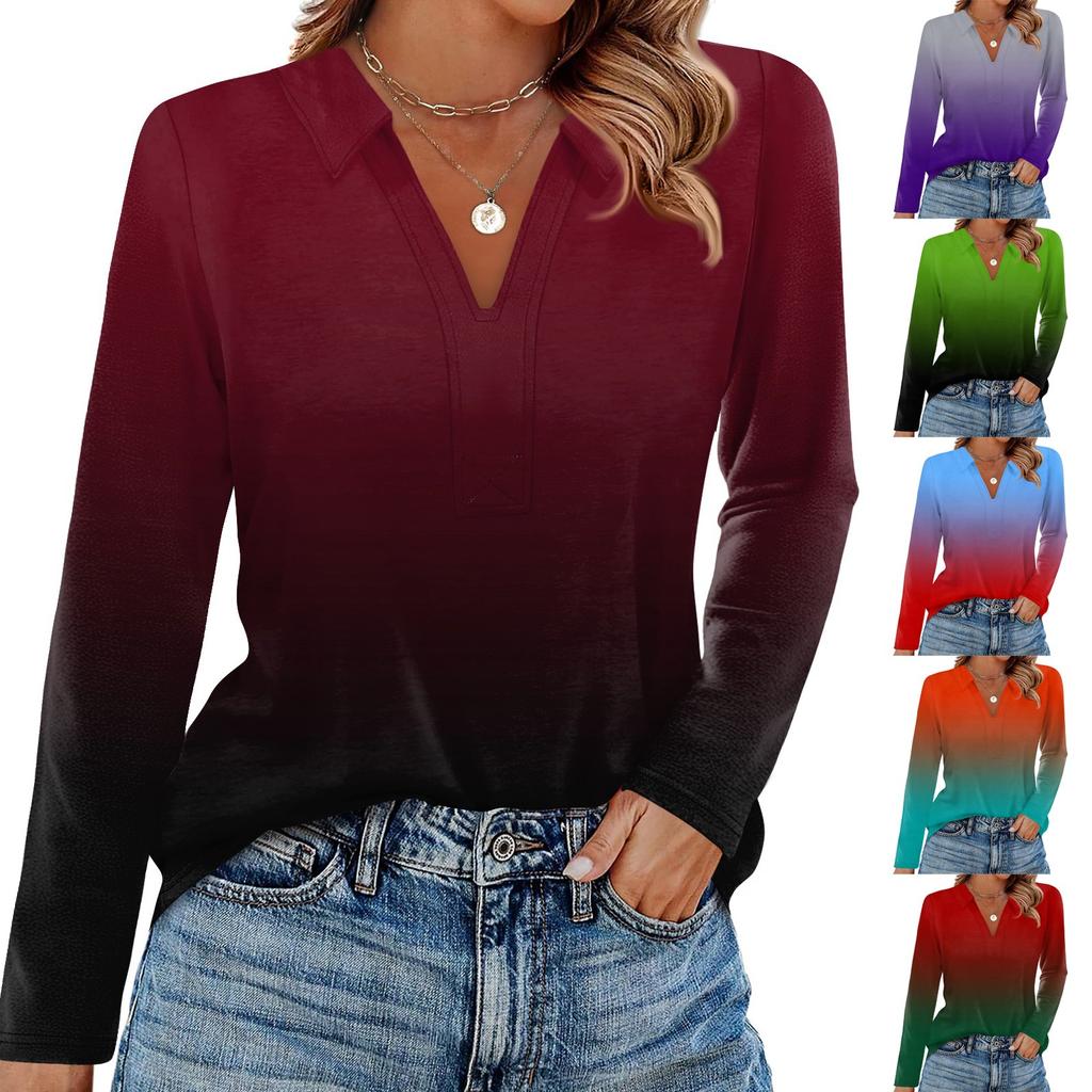 Women's Fashion Casual Lapel Short Long Sleeve Print Shirt Women's V-Neck Tops