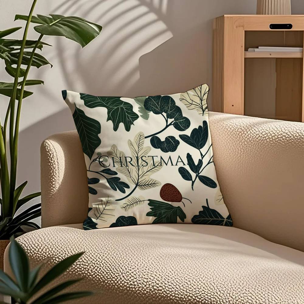 Winter Christmas Pine Leaf Pillow Case Comfort Sofa Bed Silky Elegant Invisible Zipper Custom Decorative Cushion Cover
