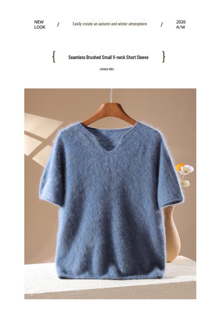 2026 A/W Women's V-Neck Cashmere Wool Knit Short Sleeve Sweater