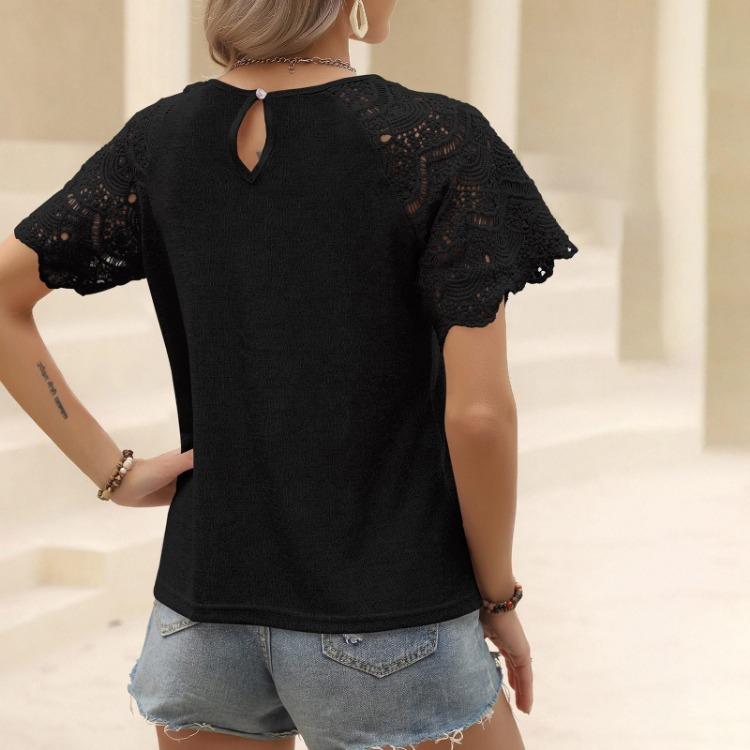 Women Casual Short Sleeve T Shirt Top Solid Color Lace Round Neck Stitching Fashion Tee