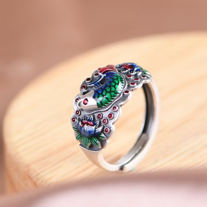 Sterling Silver S925 Koi Fish & Lotus Adjustable Ring - Retro Chinese Style