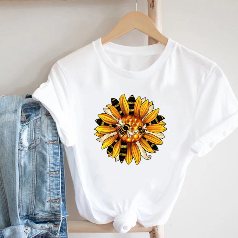 (European Size) Floral Lovely Clothing Casual Tee Bee Trend Cute Top Fashion T Shirt Short Sleeve Women Print Lady Female O-neck Graphic T-shirt