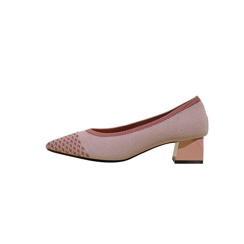New Pointed Head Light Mouth Woven Shoes Medium Heel Flying Woven Breathable Thick Heel Color Matching High Heels