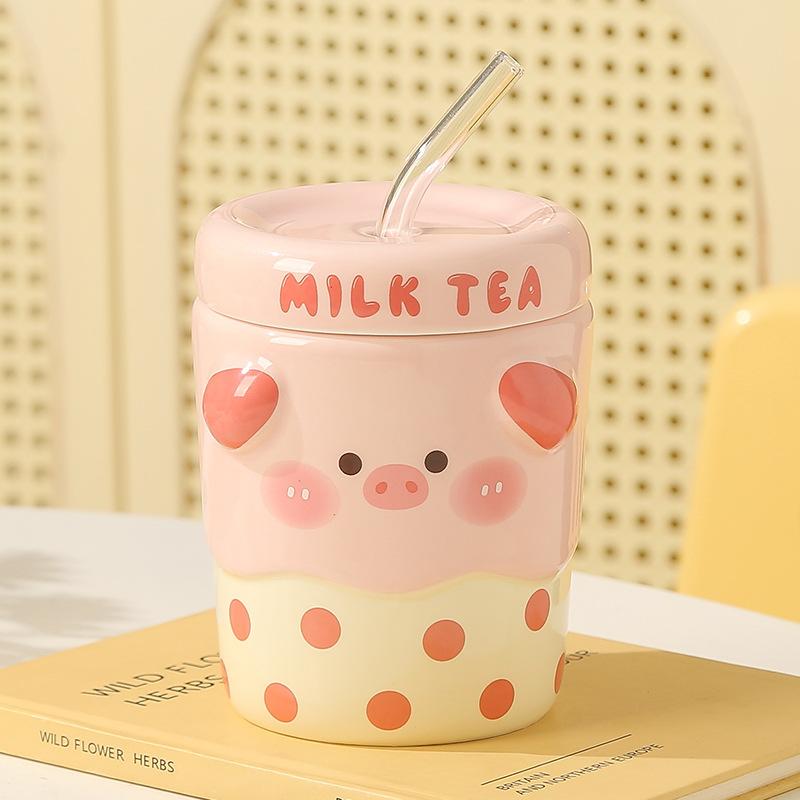 Kreativer Cartoon Milchshake Keramikbecher mit Deckel, Pärchenbecher, Haus- und Bürokaffee-Frühstücksbecher Geschenk