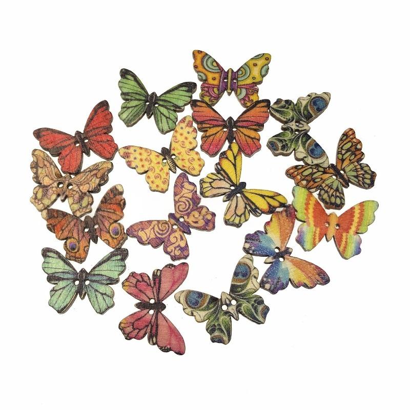 50Pcs 25mm Butterfly Wooden Buttons Colorful 2 Holes Mixed Decorative Buttons for DIY Sewing&Wood Craft Clothes Accessories