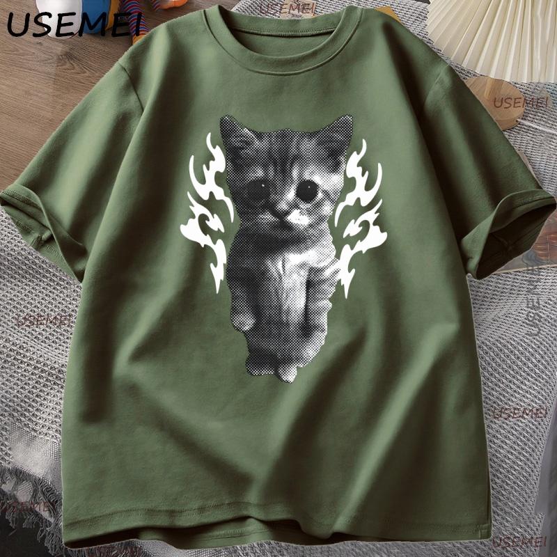 Y2K Goofy Cat Meme T Shirt 90s Vintage Cotton Short Sleeve Tshirt Streetwear Round Neck T Shirt Causal Oversized Clothing