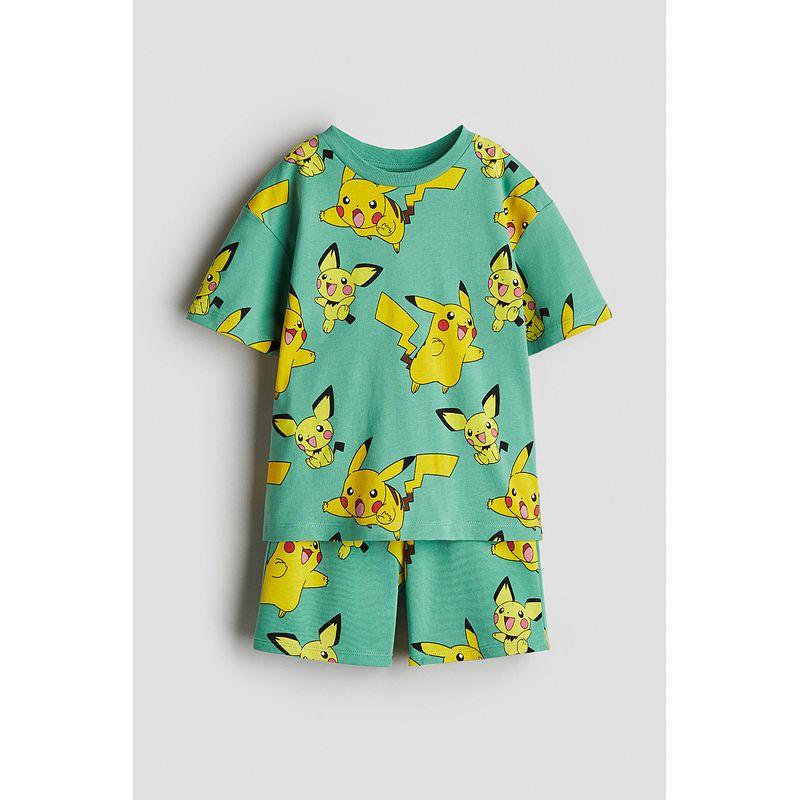 

[Снупи] Детская одежда HM Костюм для мальчиков 2 предмета 2025 Лето Новый Футболка с принтом Шорты 1118690 Green/Pokemon 120/64