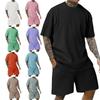 Men's Fashion Summer Sports Solid Color Crew-neck Vertical Stripe T-shirt Shorts Short-sleeved Suit Loose Two-piece Set