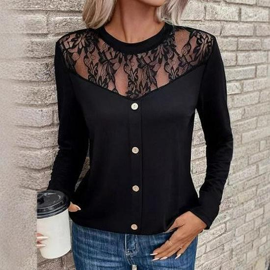 

Plus Size Lace Splice Button Top - Elegant Round Neck 2XL чорний