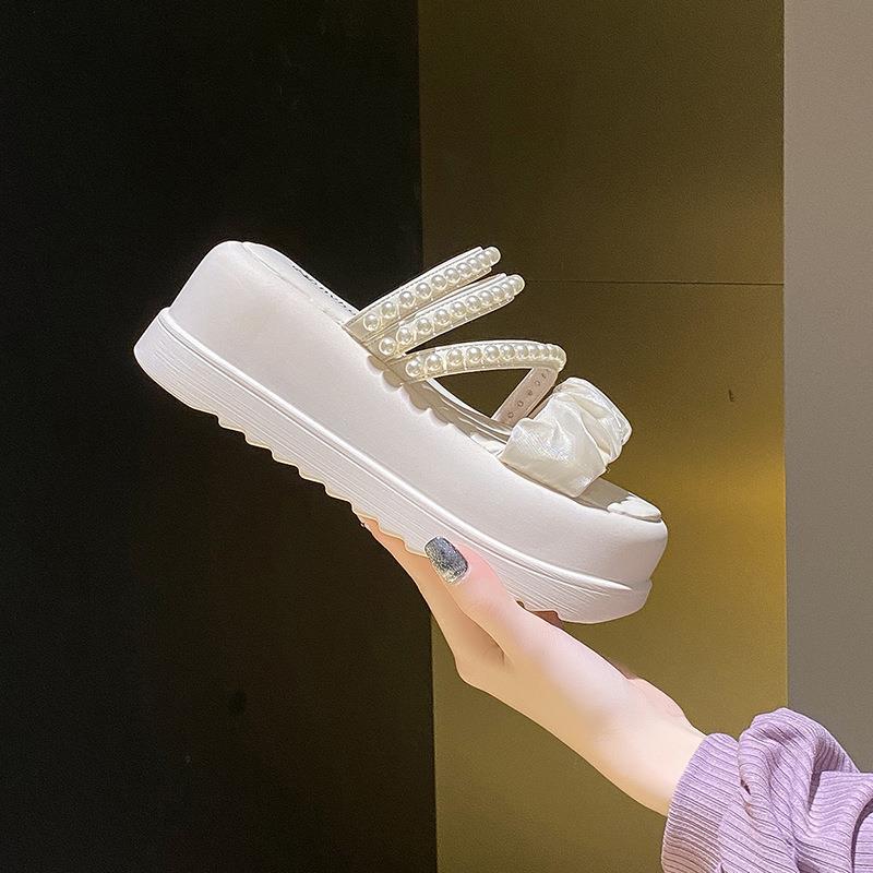 Summer New Fairy Style Platform Sandals Women French Two Wear Pearl Women's Shoes Low Top Platform Cool Slippers Women