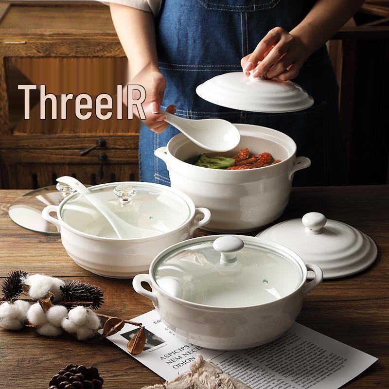 Double Ear Ceramic Soup Bowl Set with Lid - Microwave Safe, Includes Large Spoon and Tureen, Pure White, Creative Design (8 Bowls)