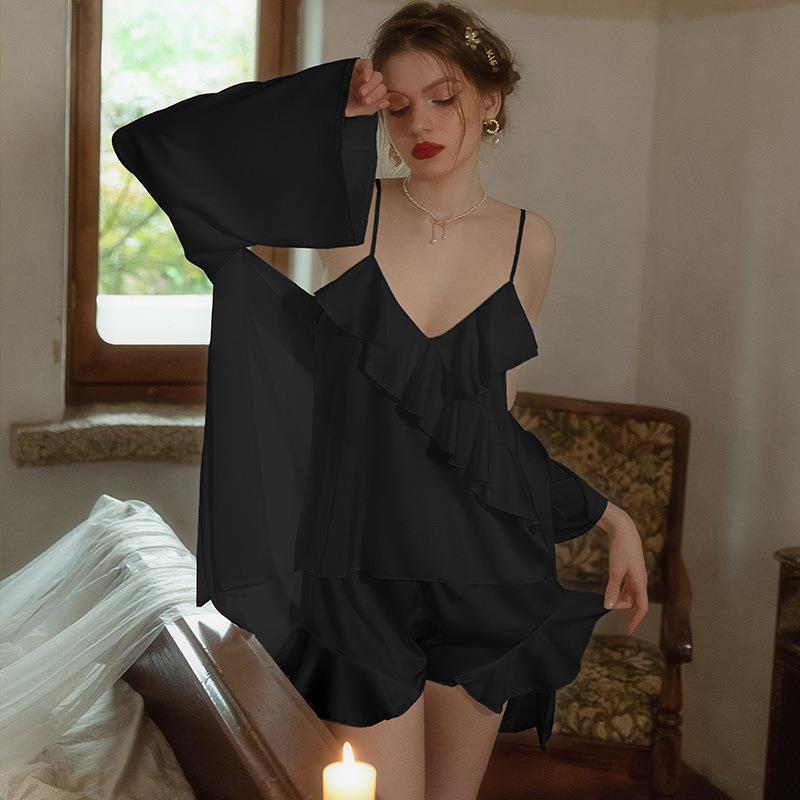 Sexy Pajamas Women's Ice Silk Thin with Chest Pads, Suspenders, Pajamas Three-piece Set, Pure Desire Style Loungewear Can Be Worn Outside