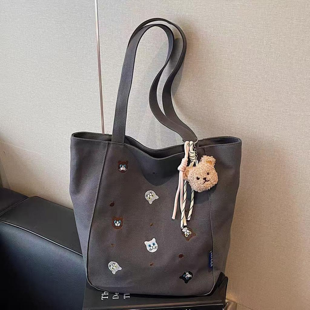Cute Embroidery Cartoon Canvas Shoulder Bag Simple Casual Large Capacity Vintage Commuter Tote for Women