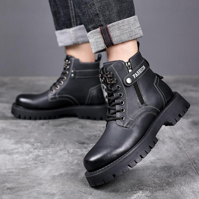 Brand Outdoor Thick Soled Genuine Leather Men's Boots Cotton-padded Shoes Fur Warm Working Men Boots Wool Outdoor Leather Boots