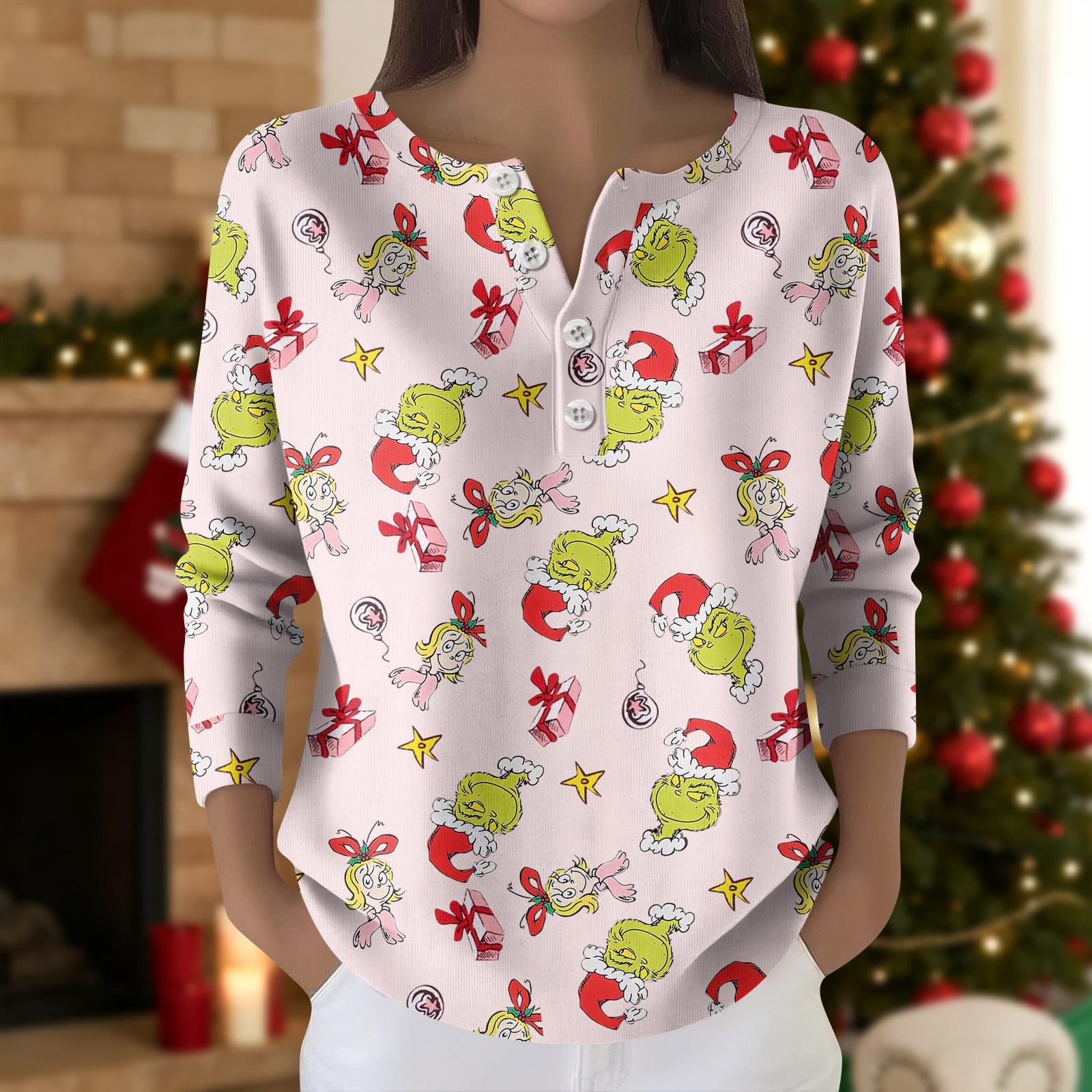 

Women s Fashion Long Sleeve Christmas Snowflake Print Top Elegant Casual Top S бежевий