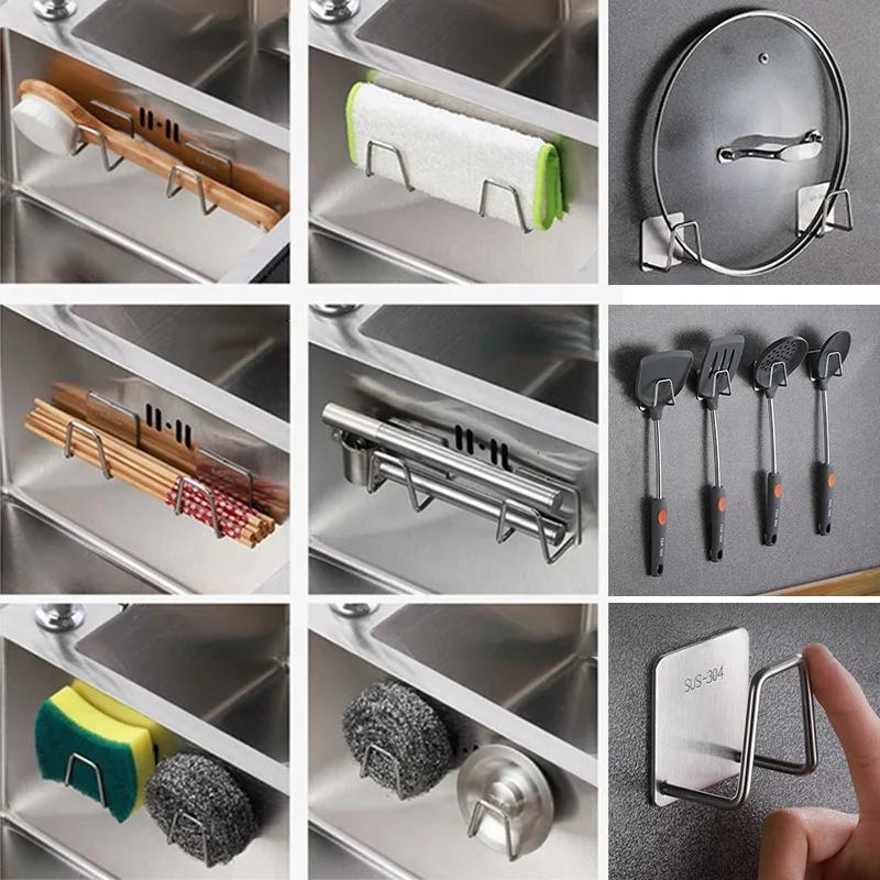 Wall Hanging Bathroom Accessories Kitchen Organizer Shelf Self-adhesive Stainless Steel Sink Coat Racks Home Gadgets Drying Rack