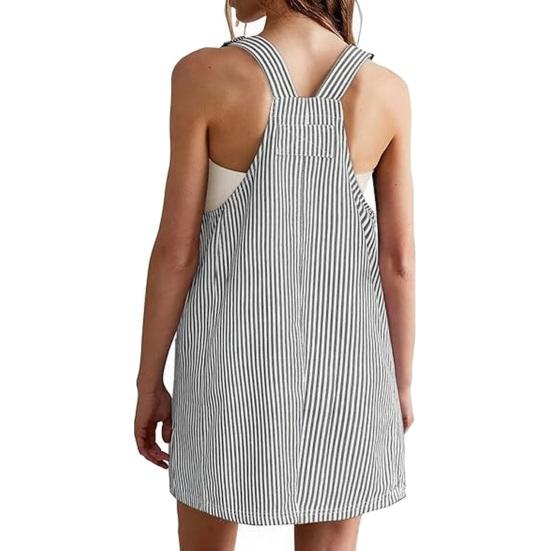 Damen Trägerkleid U-Ausschnitt Ärmellos Gestreiftes Mini-Kleid mit Taschen Lockerer Schnitt Schlankmachendes Aussehen Kleid Arbeits- und Freizeitkleidung