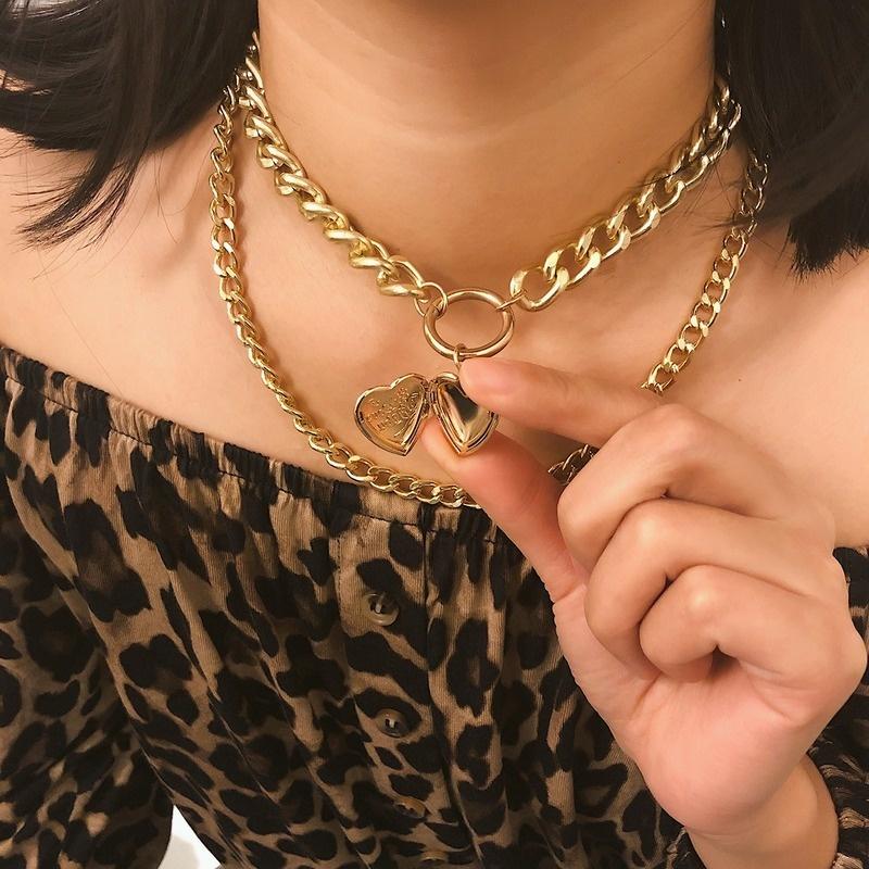 Double-layer Simple Chain Necklace Punk Gold Color Heart Pendant Choker Necklace Fashion Jewelry