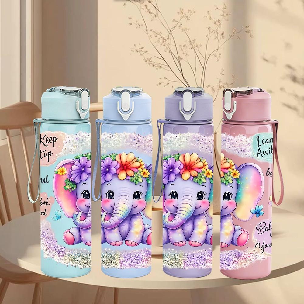 1PC Cute Baby Elephant Cartoon Print 750ml Color Plastic Sports Water Bottle Leakproof Flip Straw Lid Suitable for Sports Office Home Use