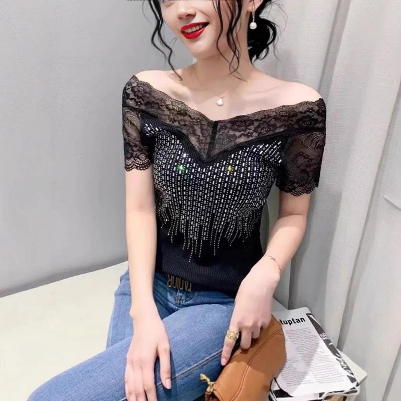 

Summer short-sleeved patchwork knitted perm women s casual top for inner wear and outer wear M чорний