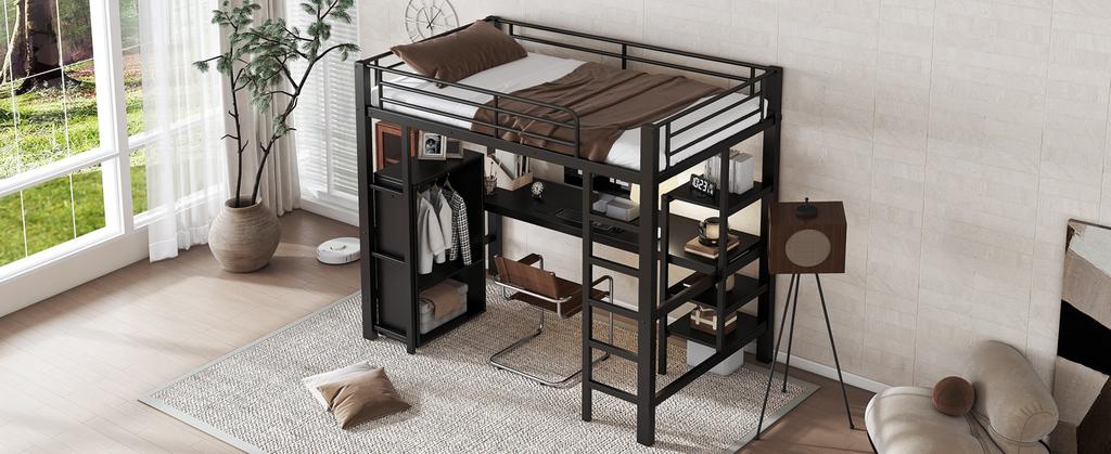 Cama de hierro, litera, adecuada para niños y adolescentes, mesa y armario, compartimentos de almacenamiento, escalera de 5 peldaños, hierro+tablero de partículas, negro, 90x200cm