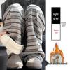 Women's High-Waist Fleece-Lined Striped Wide-Leg Pants for Autumn and Winter